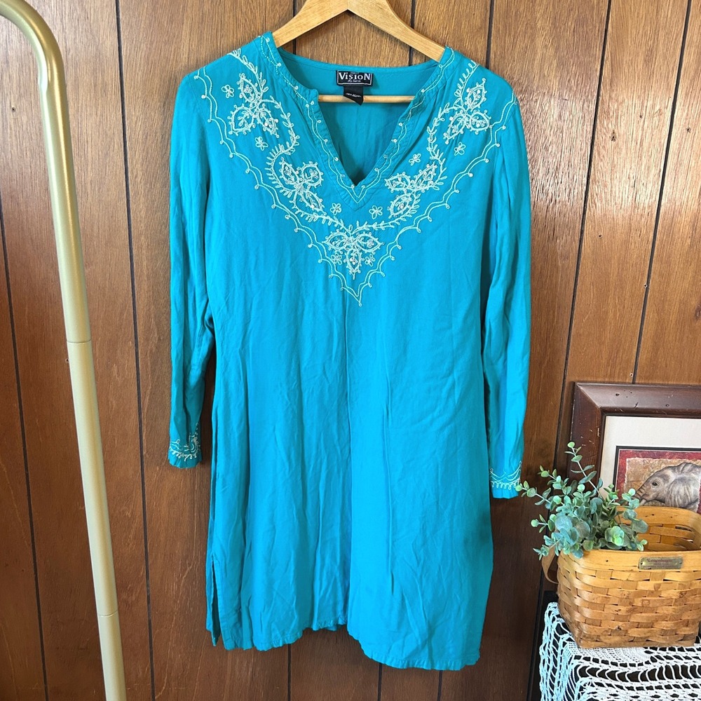 Vintage 90's Vision First by Sairin Turquoise Embroidered Sequined Tunic Size M